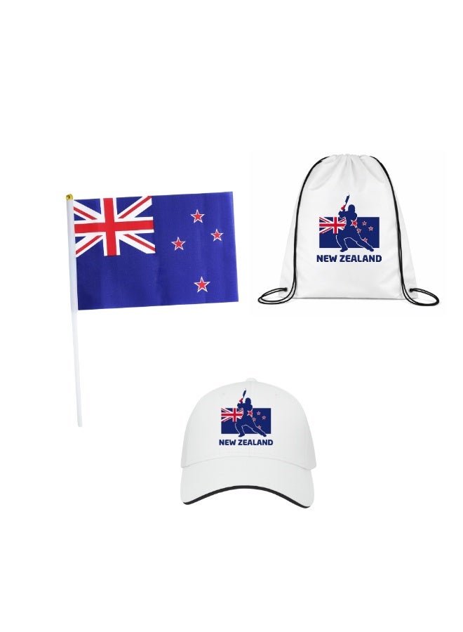 مجموعة مشجعي الرياضة النيوزيلندية - عبوة مكونة من 3 قطع - قبعة وحقيبة برباط وعلم يدوي - مثالية للمباريات والمناسبات والاستخدام اليومي - مثالية لعشاق الرياضة - Image 1